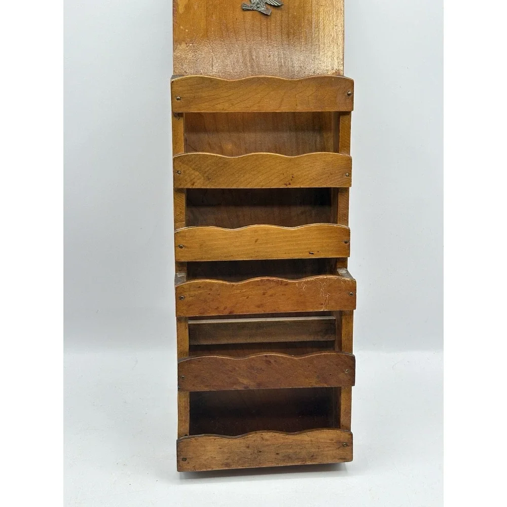 Vintage Colonial Hanging Wood Mail Holder Rack Eagle Accent Americana MCM Japan